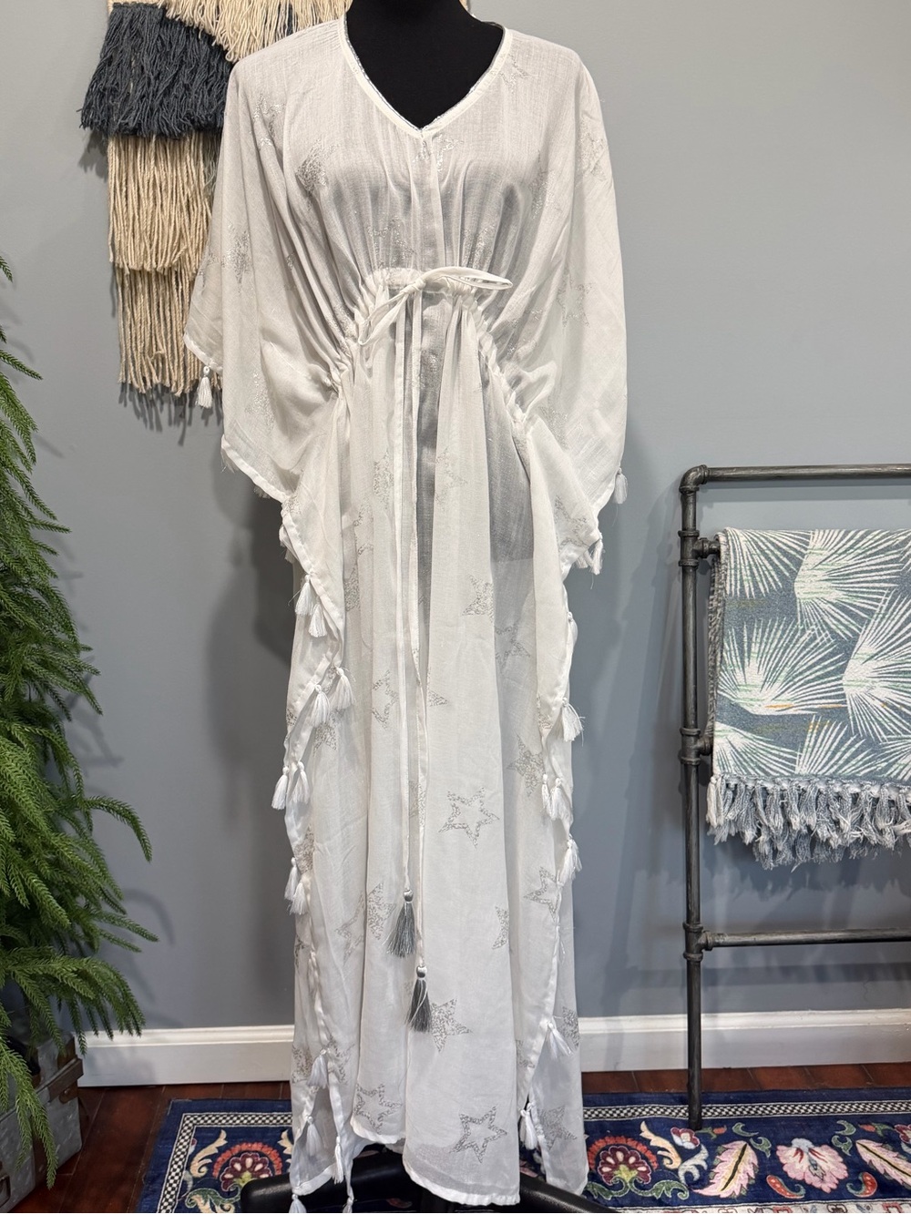 White Silver Star Print Tassel Kaftan Maxi Cover Up Beach Dress S/M Boho Resort